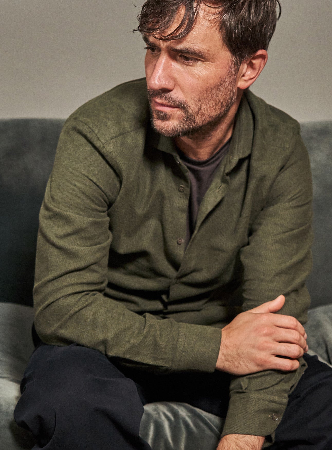 Chemise en flanelle italienne recyclée verte à col cassé
