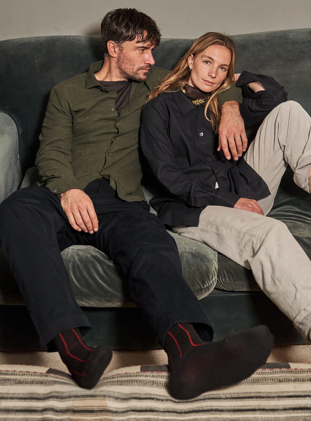 Chemise en flanelle italienne recyclée verte à col cassé