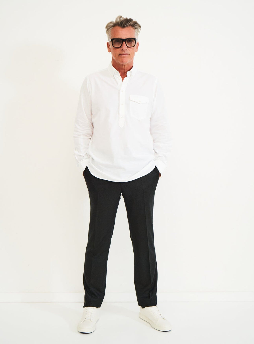 Chemise popover moderne en oxford blanc italien recyclé à col boutonné