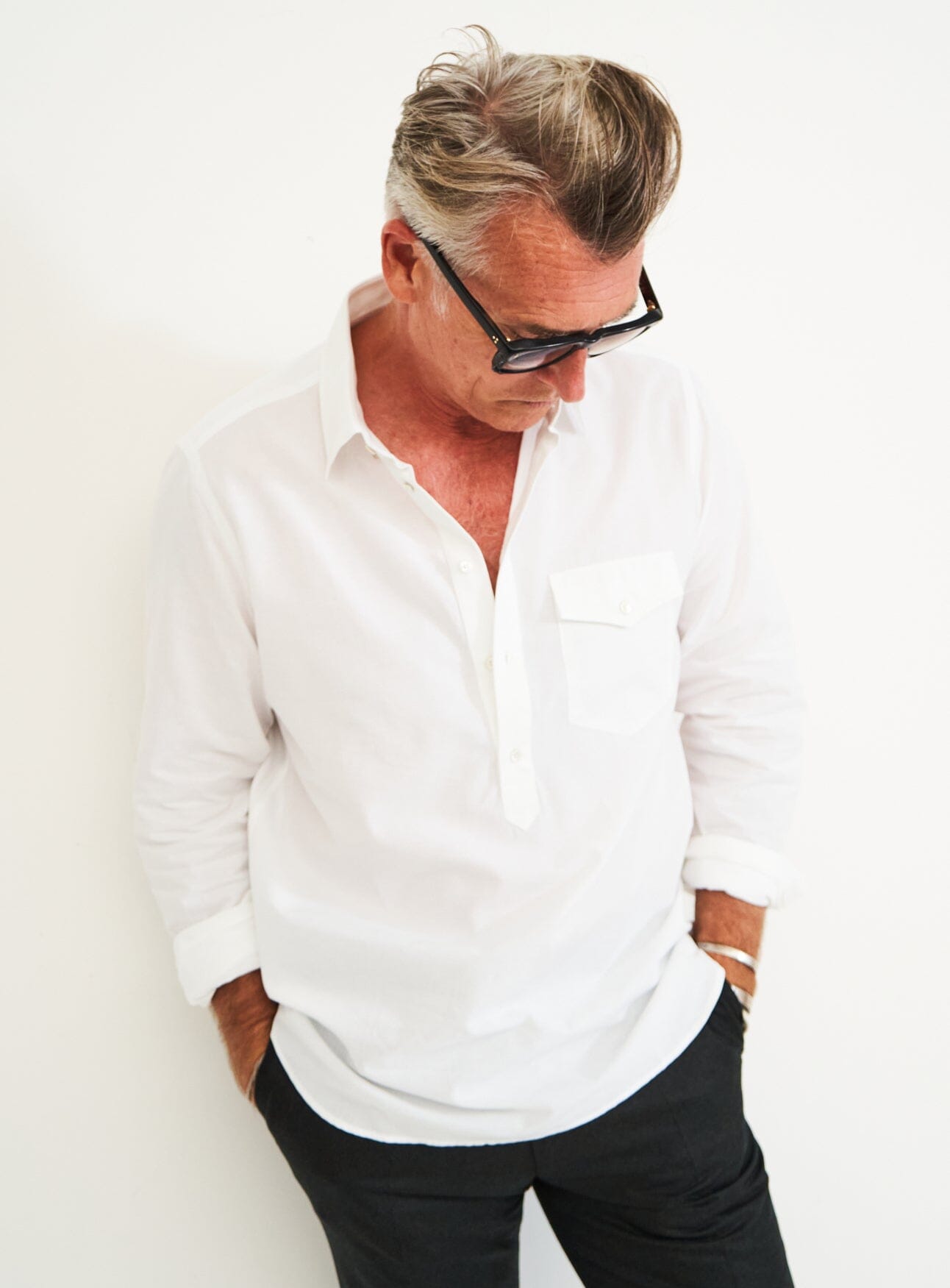Chemise popover moderne en oxford blanc italien recyclé à col boutonné