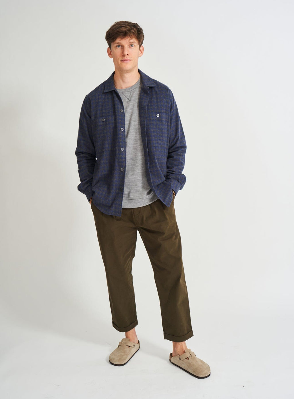 Chemise en flanelle italienne recyclée à double poche à carreaux marine et gris