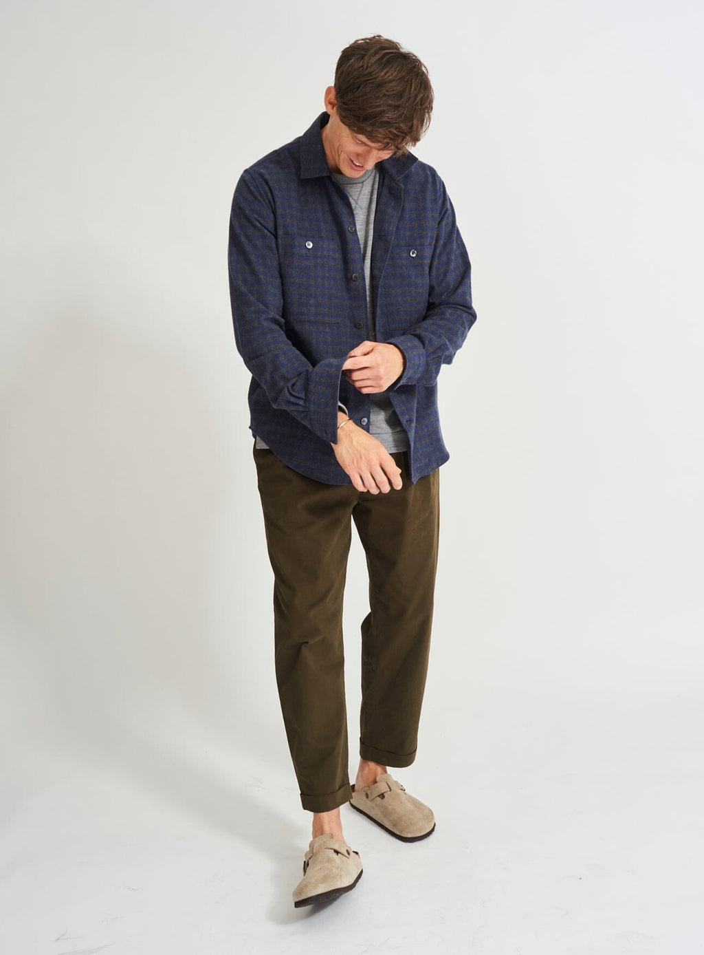 Chemise en flanelle italienne recyclée à double poche à carreaux marine et gris