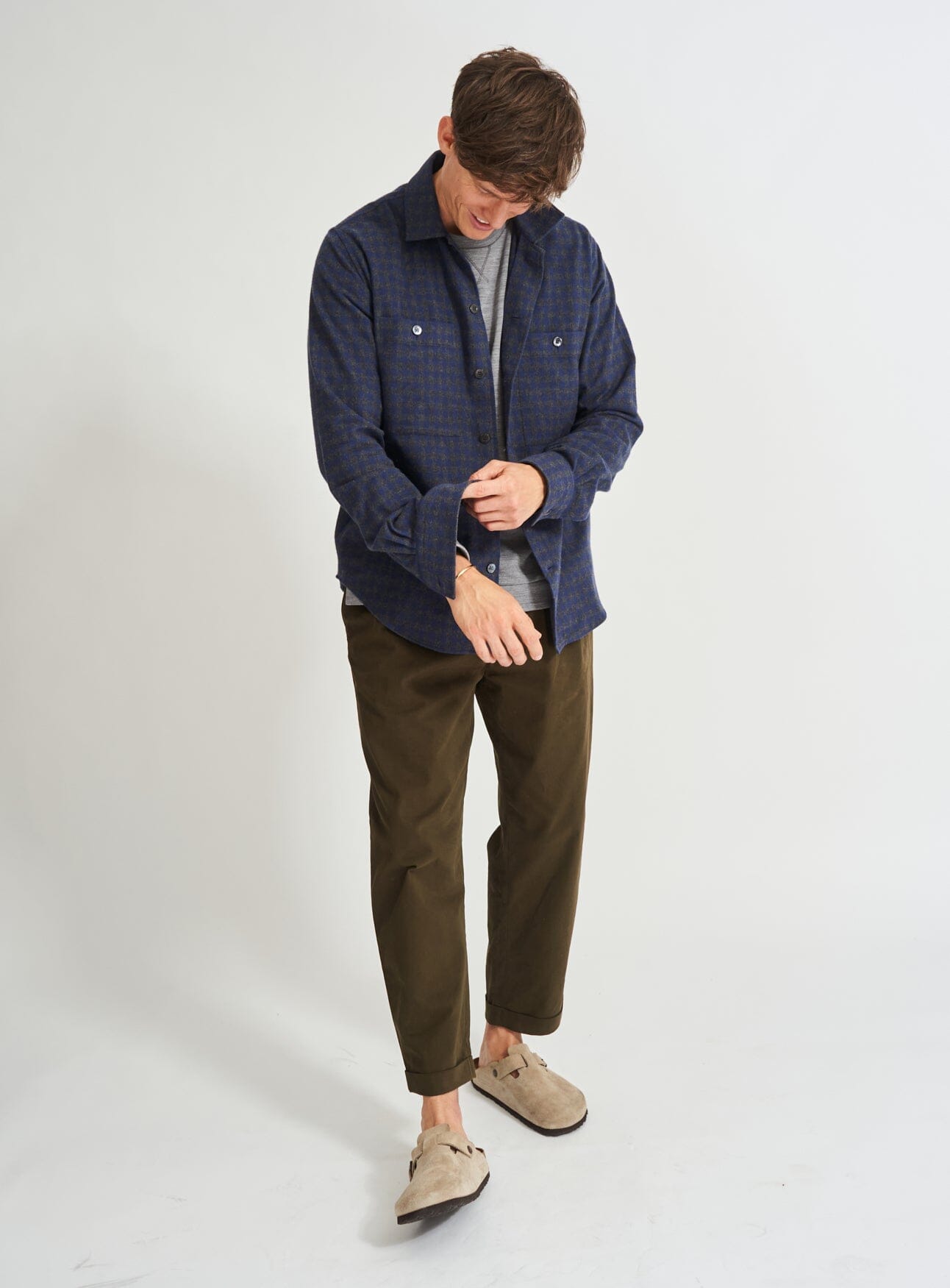 Chemise en flanelle italienne recyclée à double poche à carreaux marine et gris