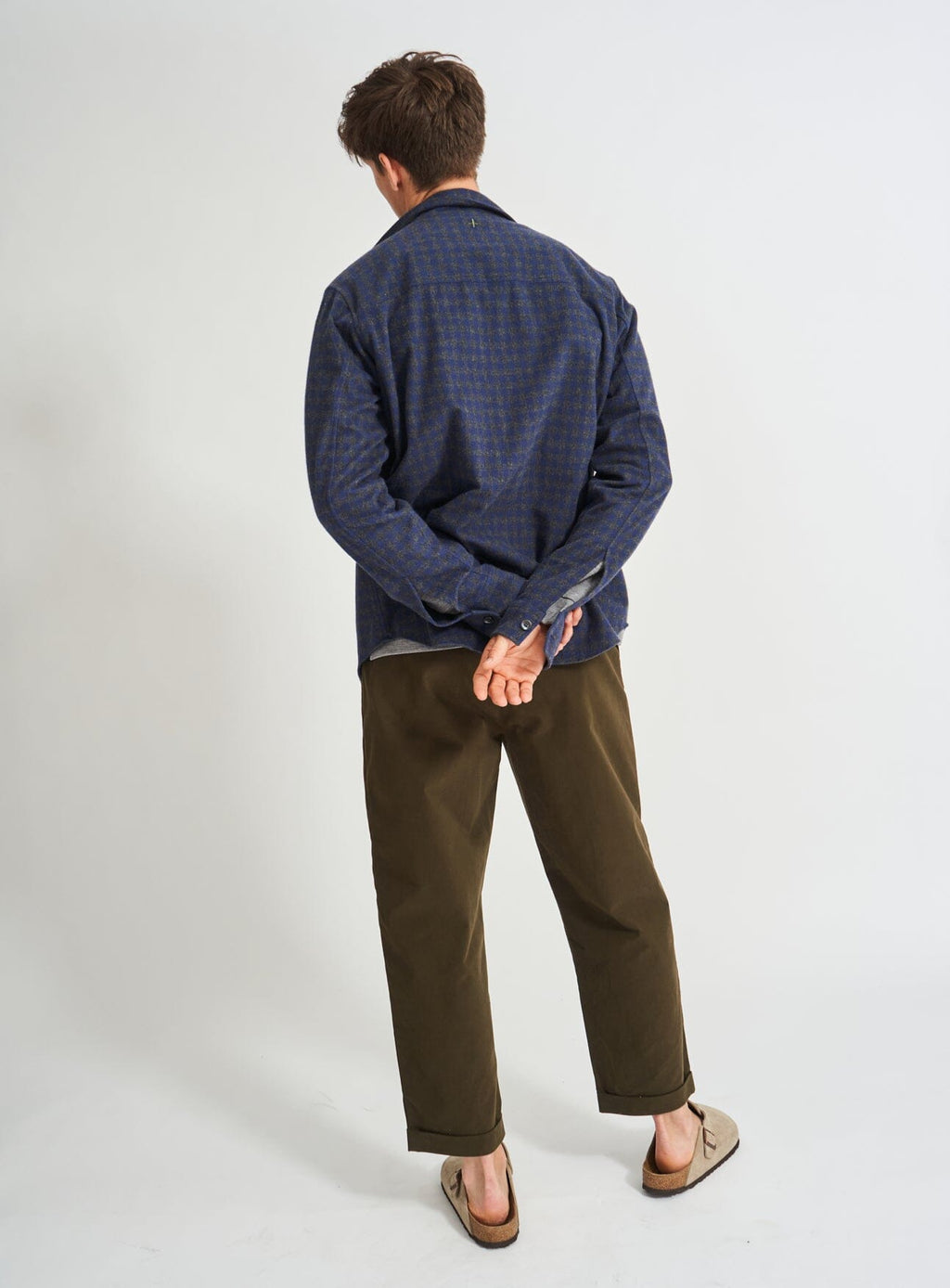 Chemise en flanelle italienne recyclée à double poche à carreaux marine et gris