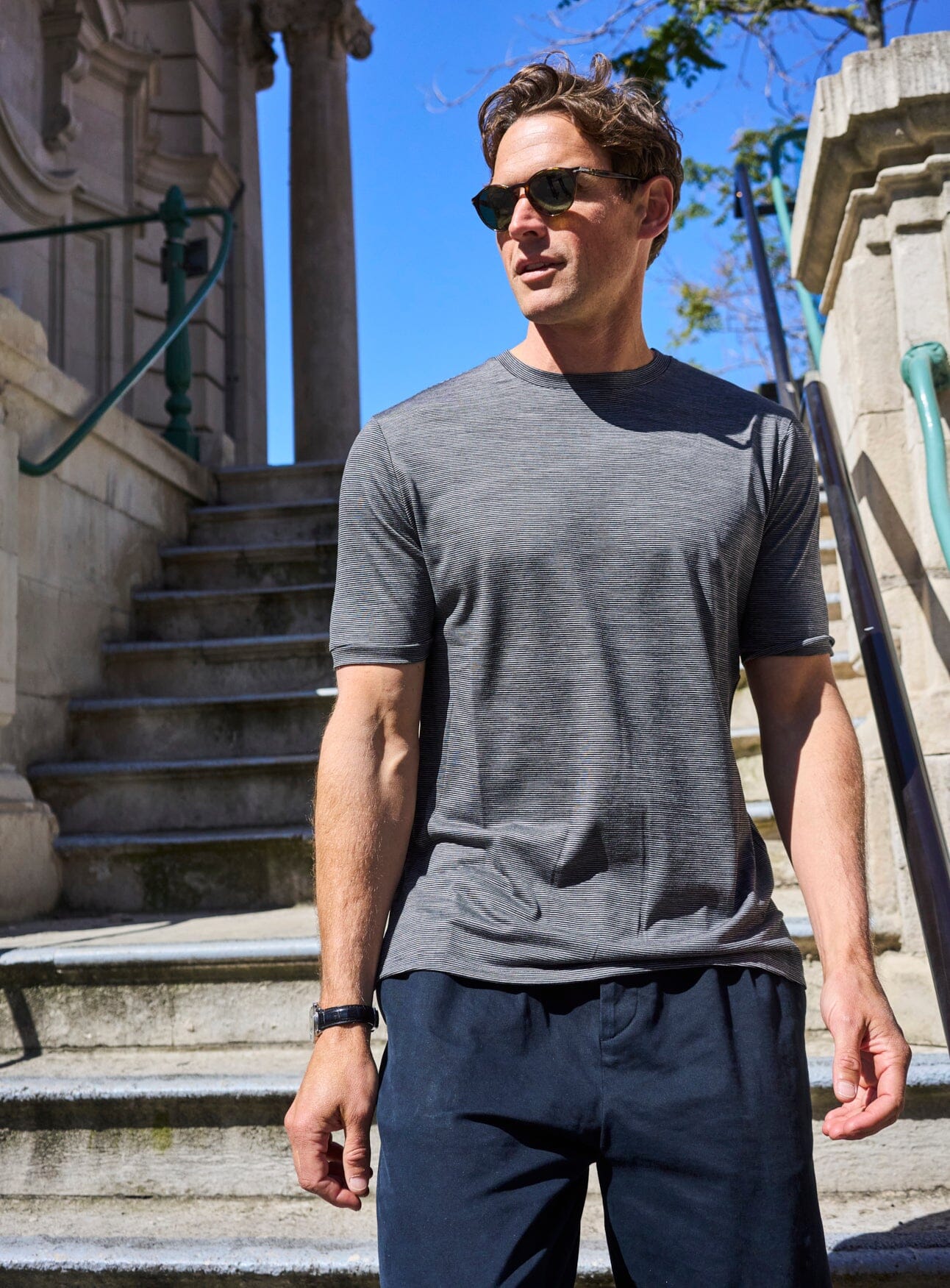 T-shirt en jersey de laine mérinos à rayures anthracite