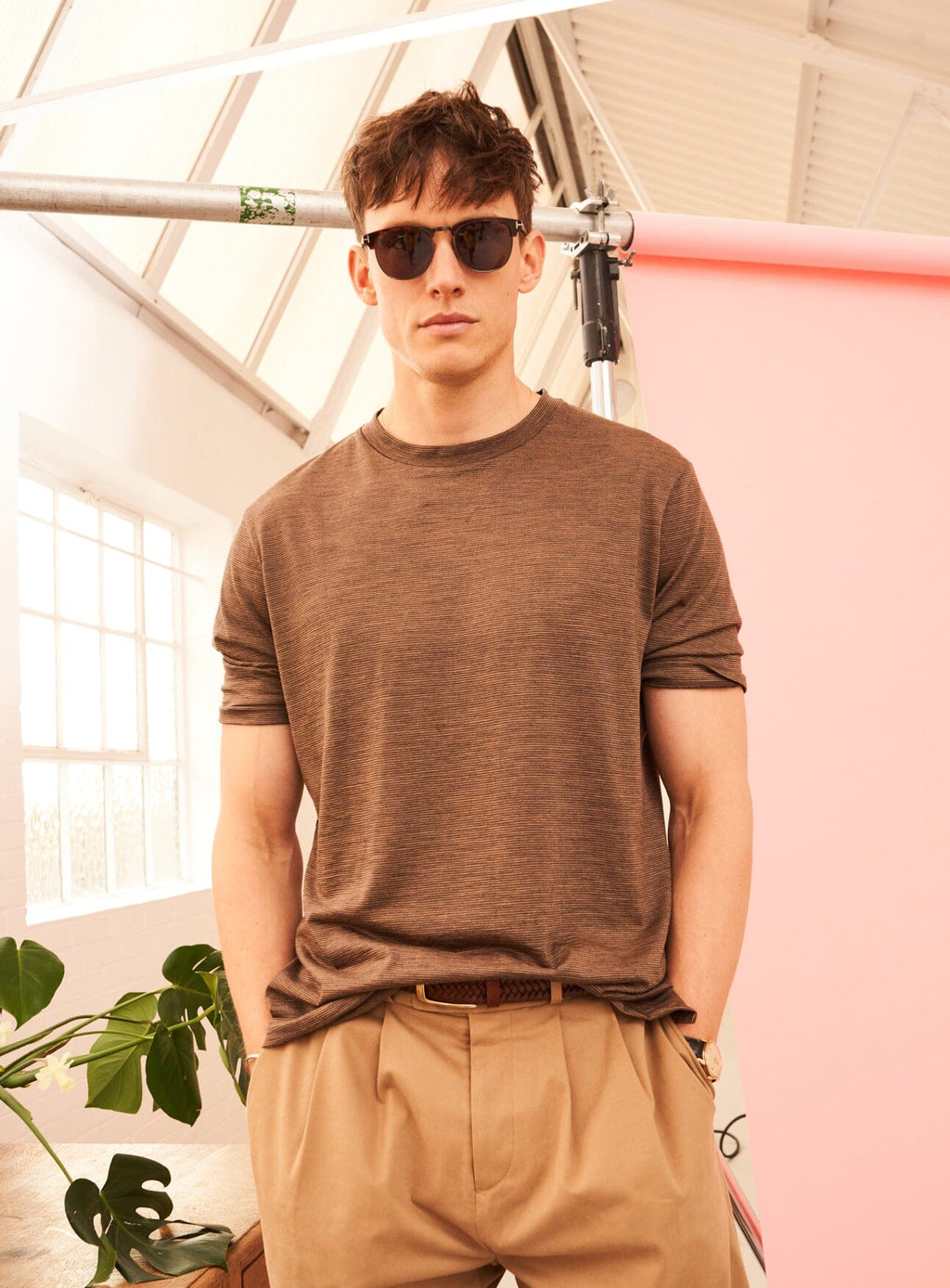 T-shirt en jersey de laine mérinos à rayures beige