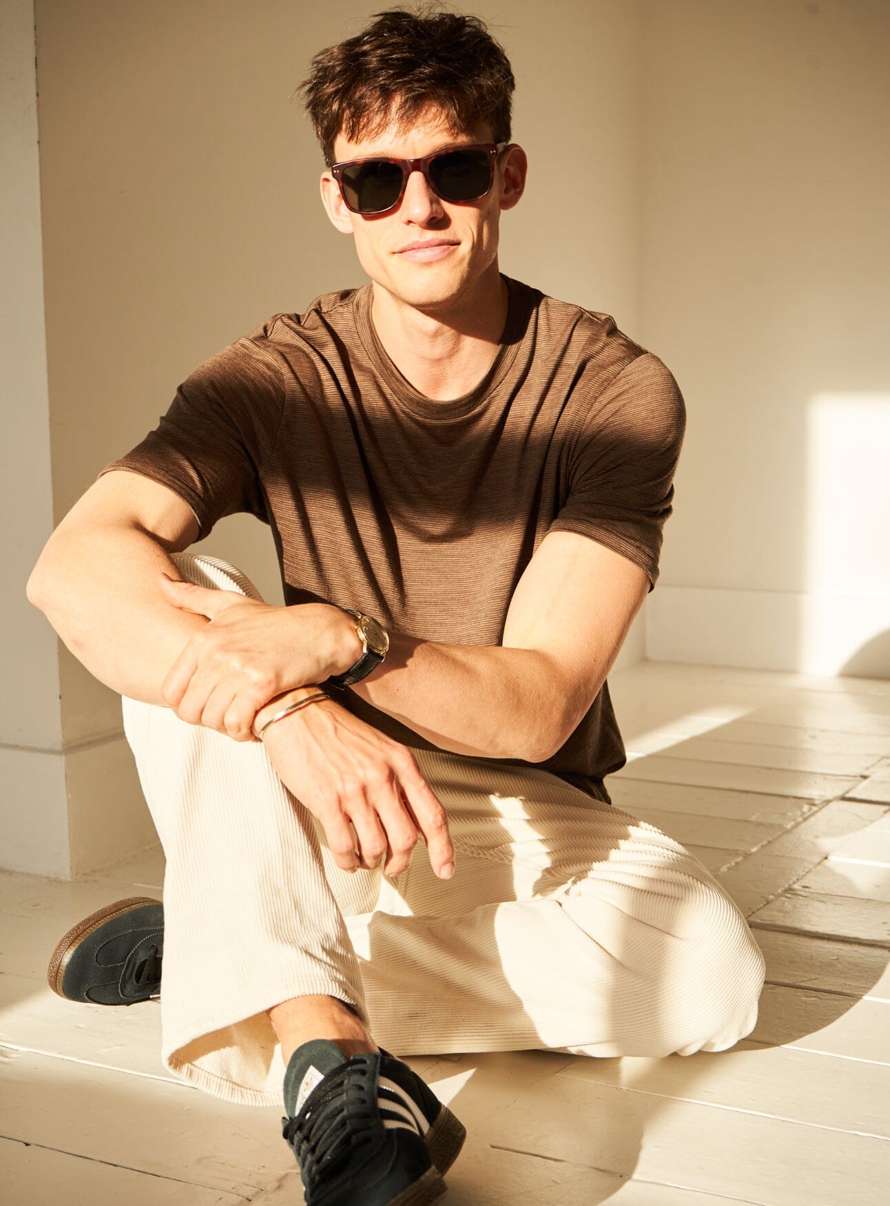 T-shirt en jersey de laine mérinos à rayures beige